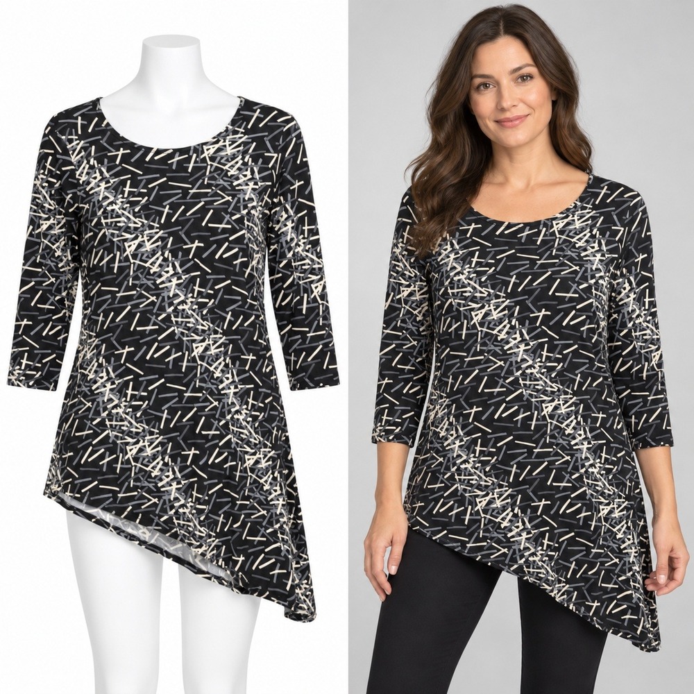 Women with Control Tunic Women S Petite Black Abstract Asymmetric Hem 3/4 Sleeve